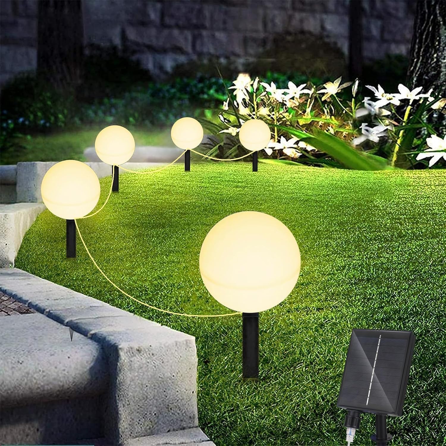 Solarlampen für Außen Garten,6M 5 Stück Kugel Solar Lichterkette Aussen, Solar Gartenleuchten mit 7-Farbtransformationsmodi,IP65 Wasserdicht Solarleuchten für Gartenwege, Hofdekoration - Warmweißem