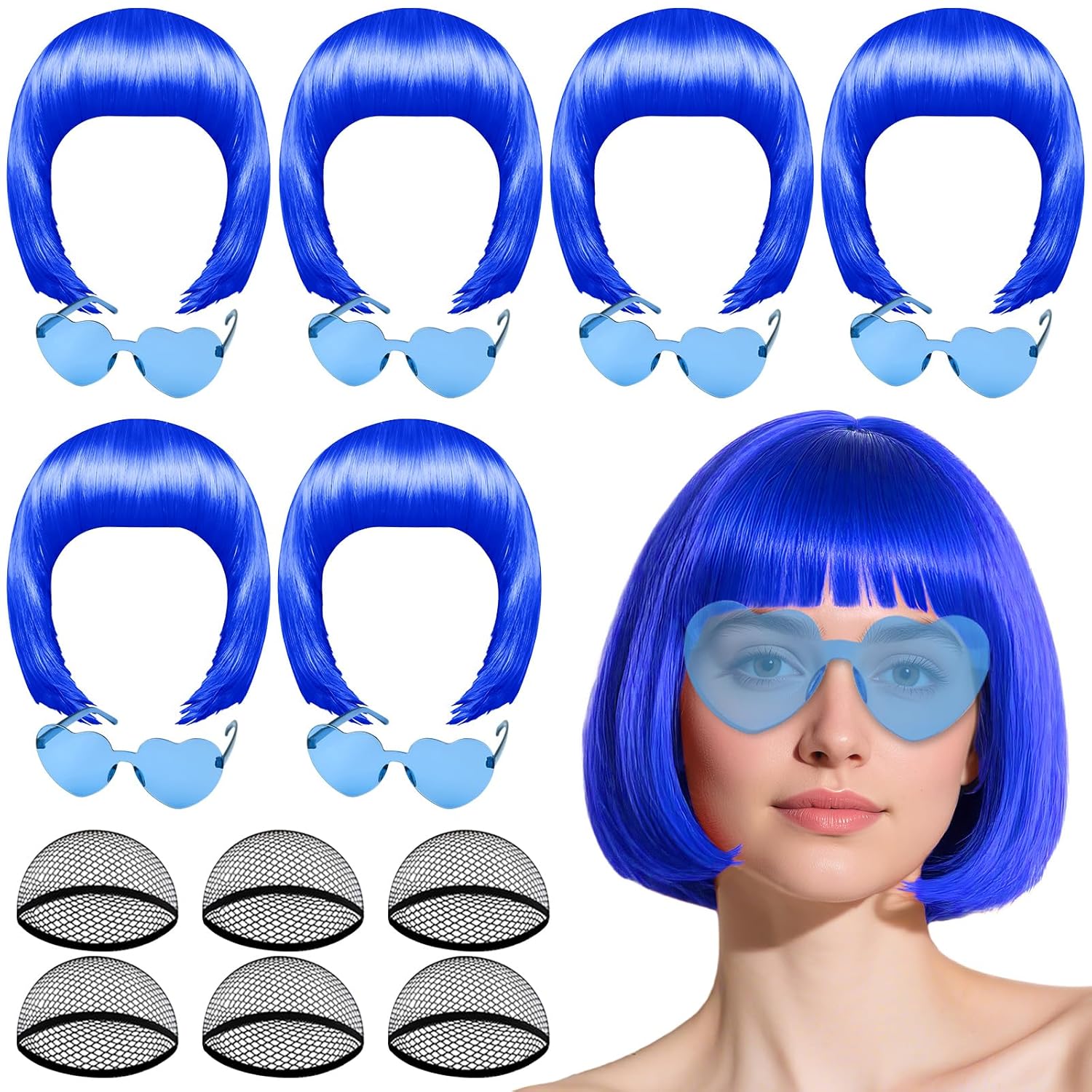 PLULON 6 Pack Colored Bob Wig with Heart Sunglasses and Hair Cap for Women, Colorful Cosplay Costume Neon Short Bob Wigs Funny Hairpieces Daily Bachelorette Halloween Costume Party Decorations
