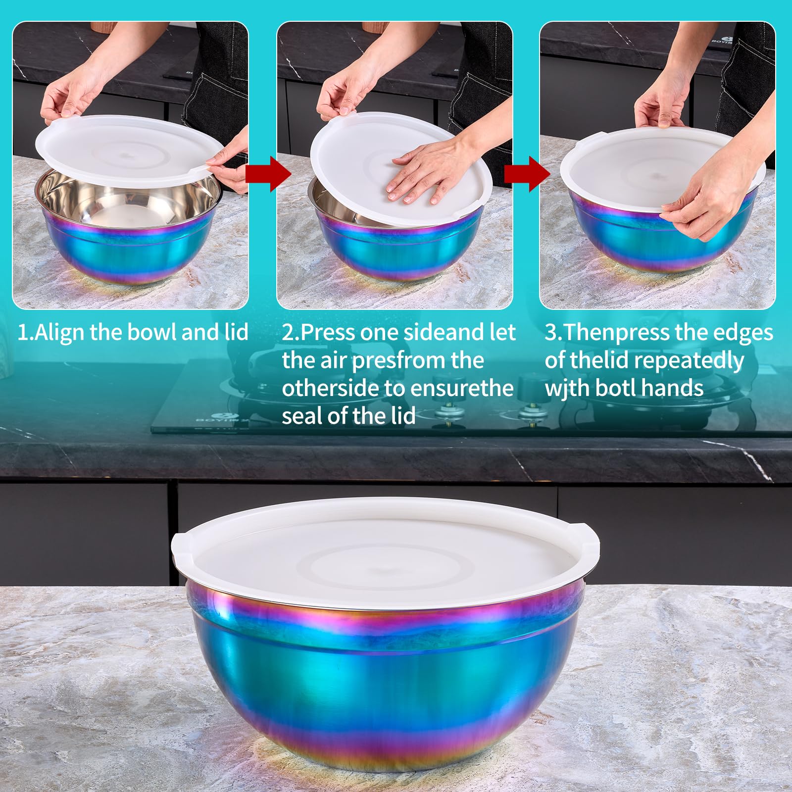 4-teiliges Regenbogen-Rührschüsseln mit Deckel für die Küche, Edelstahl-Rührschüssel-Set, ideal zum Backen, Zubereiten, Kochen und Servieren von Lebensmitteln, stapelbare Metall-Rührschüsseln