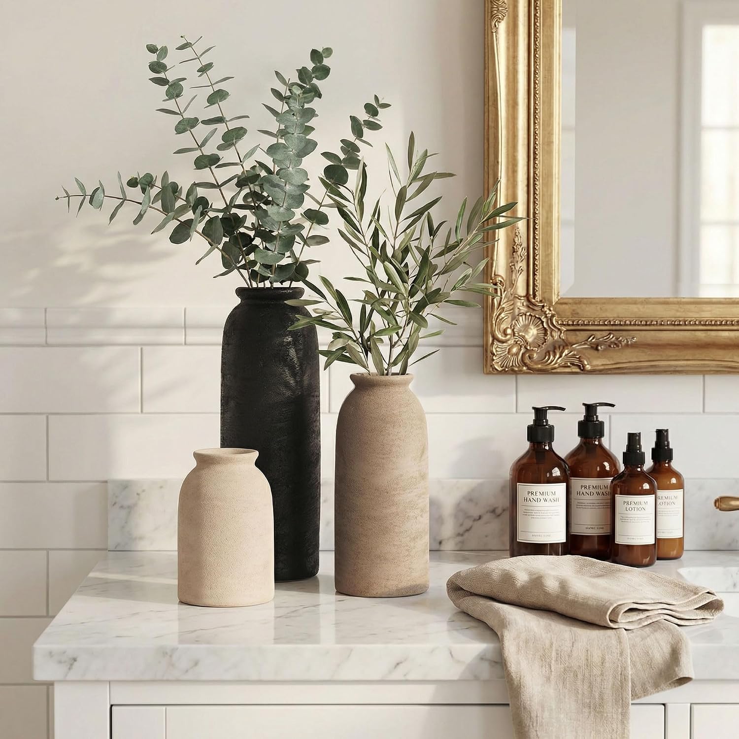 Ceramic Vase Set of 3, Small Flower Rustic Vase Home Decor Neutral Modern Farmhouse Boho Pampas Pottery Vases Decorative Centerpiece for Table Mantel Shelf Living Room Kitchen Bathroom