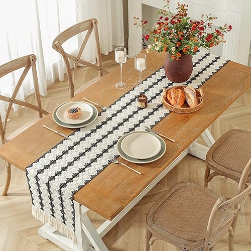 Miniatura 3 de Camino de mesa bohemio de lino y algodón de 13 x 72 pulgadas, macramé de granja con borlas, diseño de rayas tejidas en blanco y negro para comedor y