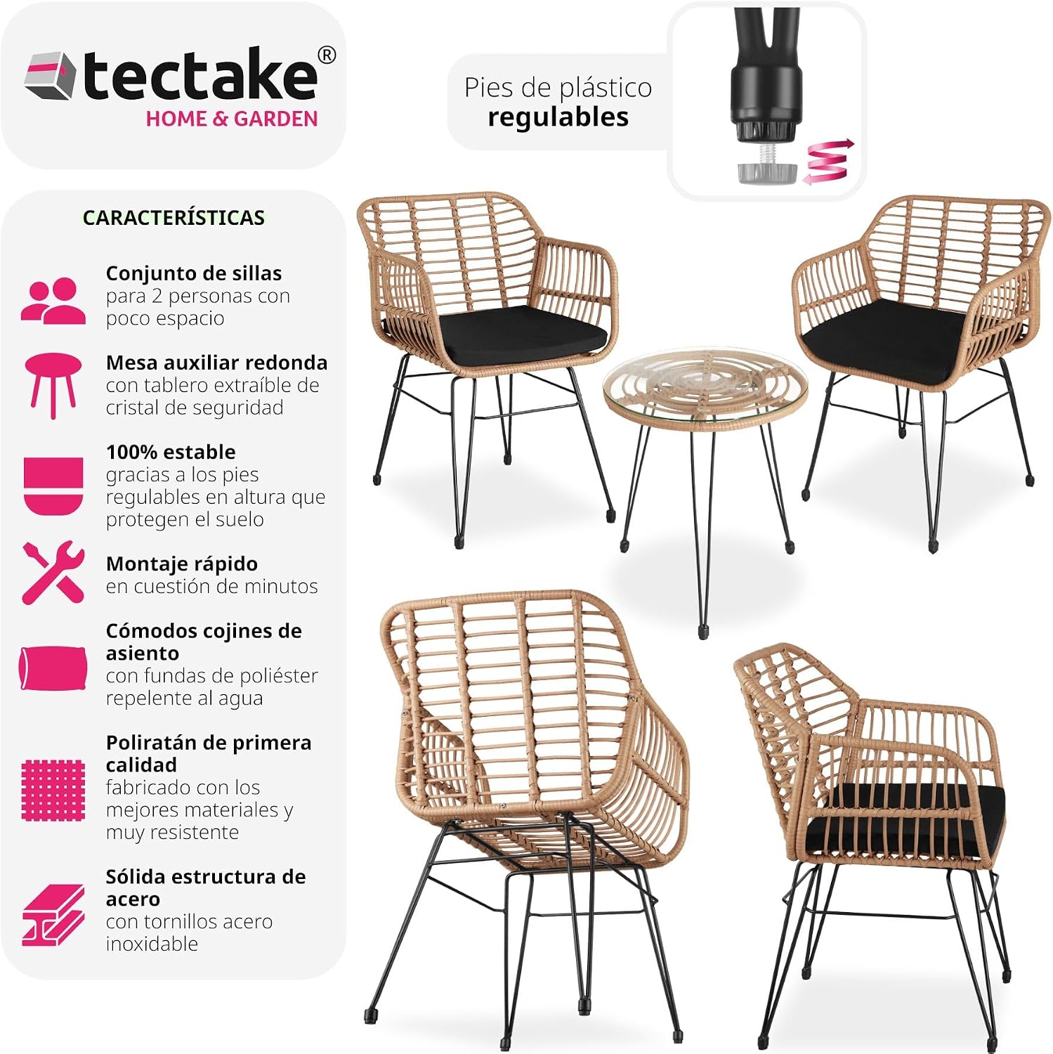 TecTake 800802 Salon de jardin en rotin pour 2 personnes 3 pièces avec bistrot, 2 chaises et 1 table, petit salon pour jardin, balcon, terrasse avec coussin d'assise – Diverses couleurs – (Naturel) — vue 3