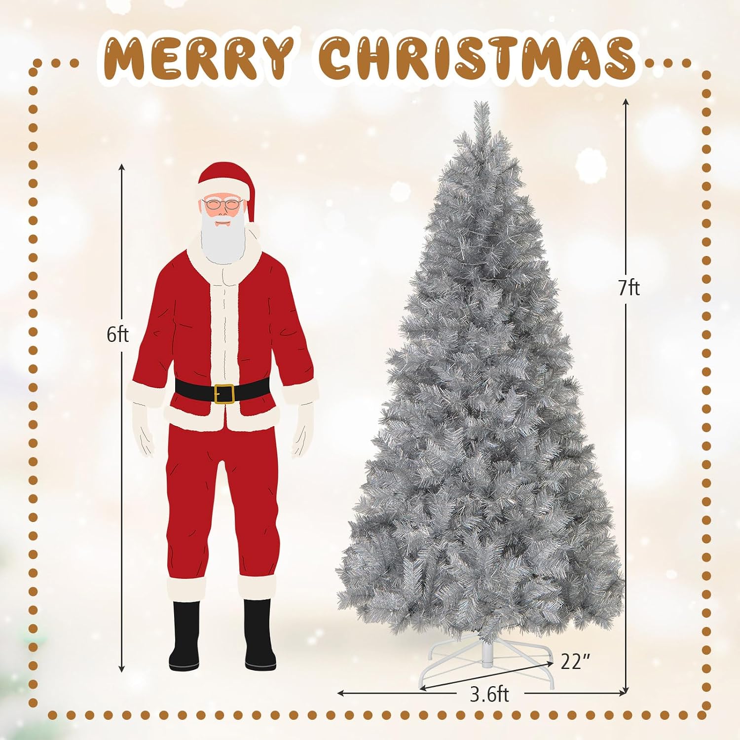 DORTALA 7 FT Pre-Lit Christmas Tree, Silver Tinsel Artificial Xmas Tree with 400 Warm White LED Lights, 807 Branch Tips, Metal Stand, for Home Office Party