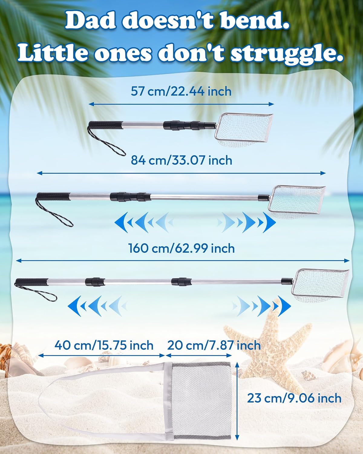 2Pcs Shark Tooth Sifter, with Seashell Bags, Beach Sand Scoop w/Adjustable Handle 21"-35", Angled Mesh Head for Fast Sifting, Lightweight Aluminum & Steel, Sand Sifter