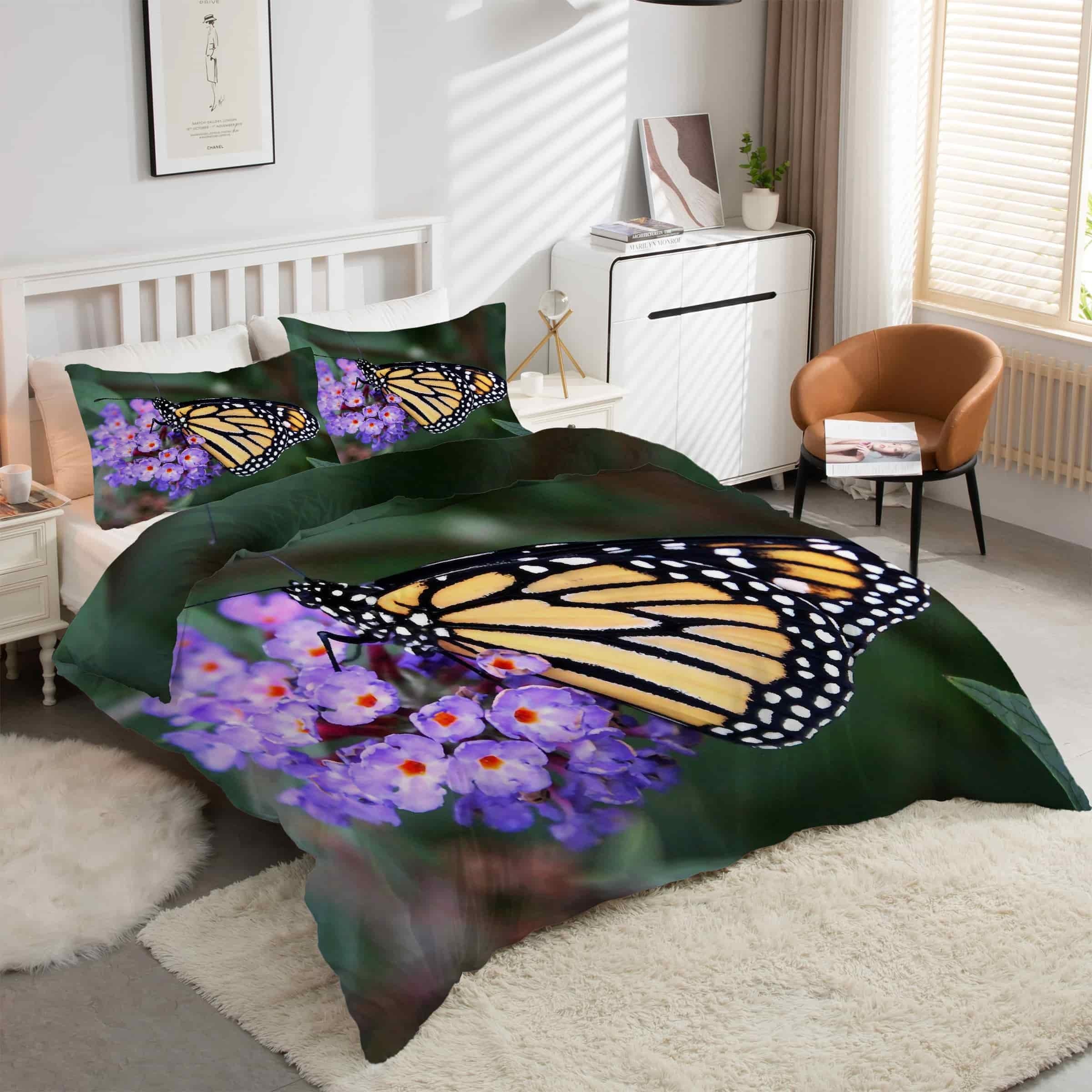 Parure de lit 220x240 papillon violet | Housse de couette microfibre avec 2 taies d'oreiller kK2039