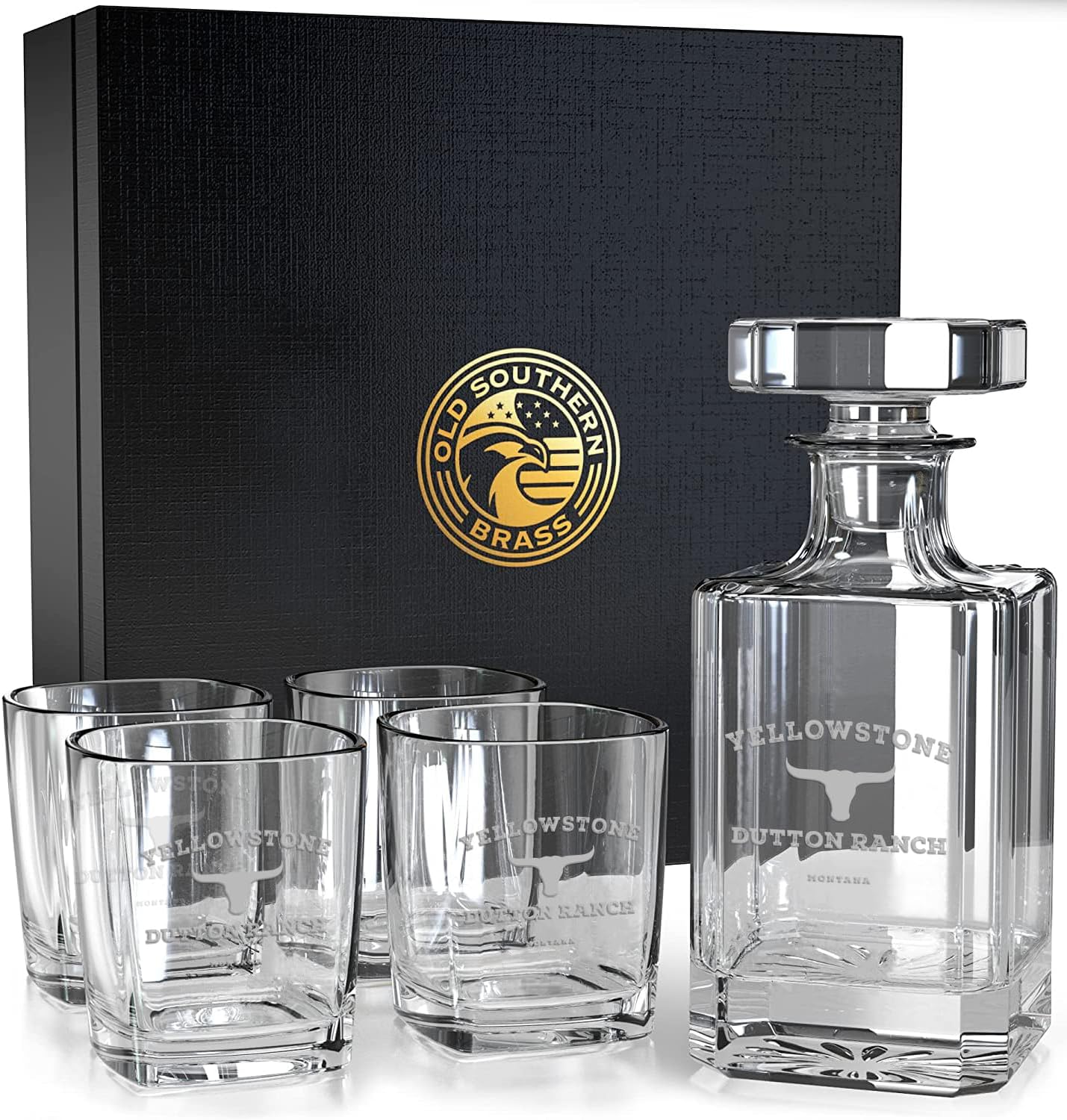 Yellowstone Dutton Ranch 5 Piece Decanter Whiskey Glass Gift Set - Premium Gift Box included