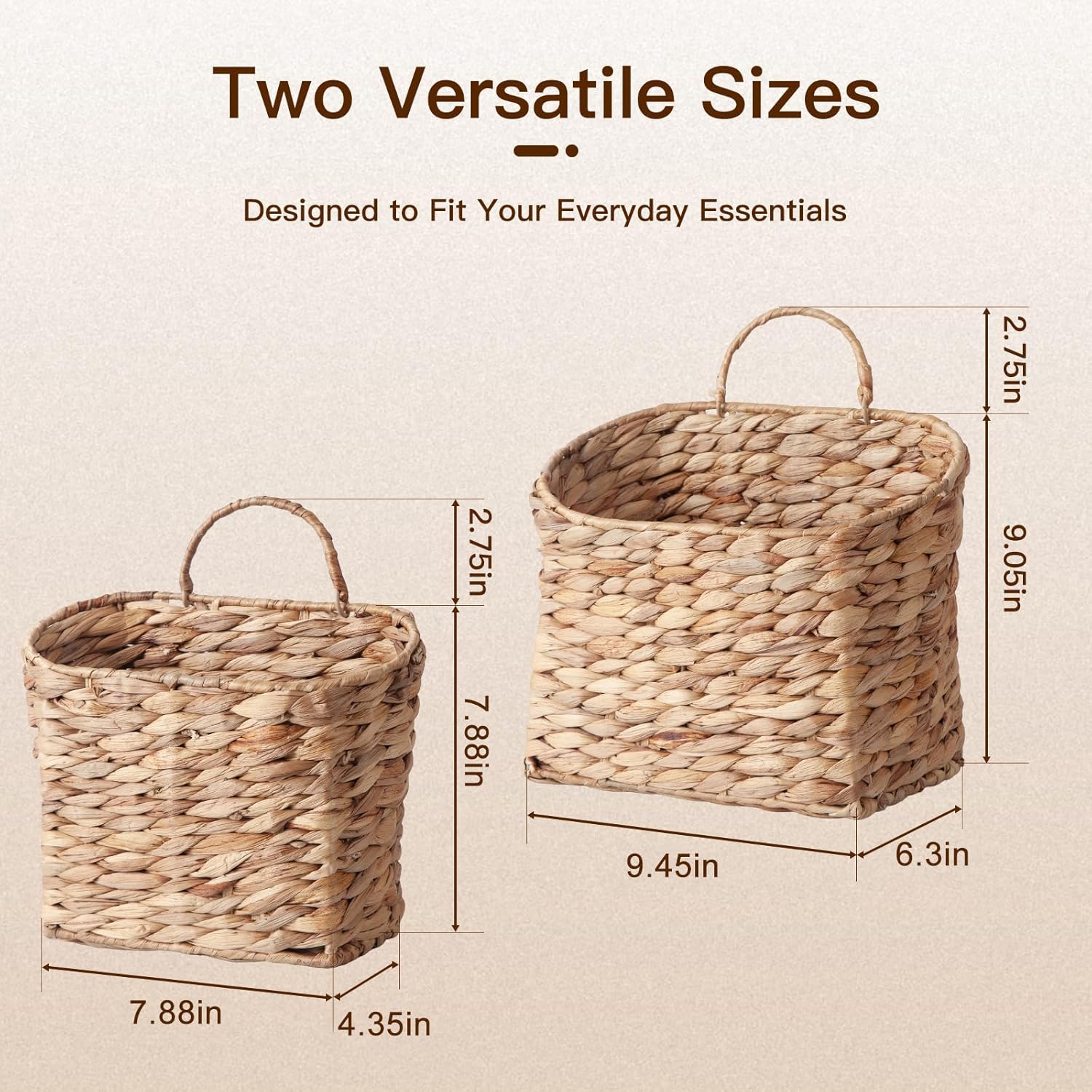 Set of 2 Wicker Hanging Wall Basket Woven Hanging Baskets Natural Water Hyacinth Wall Mounted Storage Baskets with Handle Farmhouse Home Decor for Organizing Front Door Entryway Mail Flowers Plant