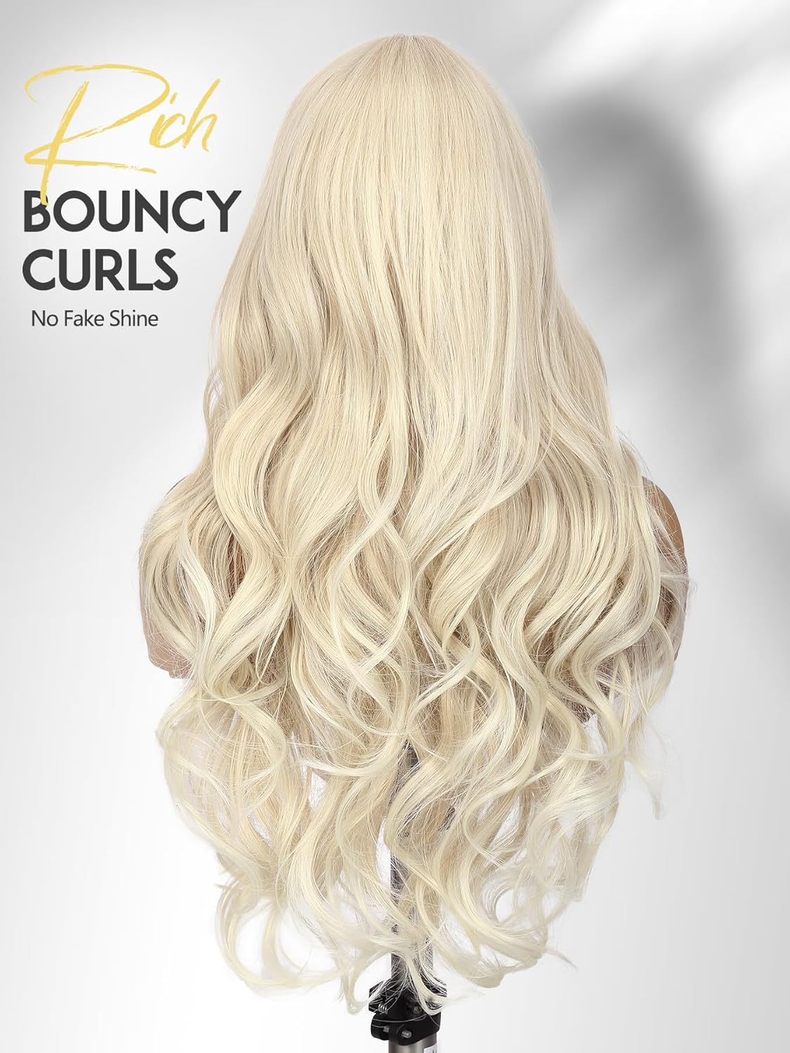 FANCEE Long Ombre Platinum Blonde Curly Wigs with Wispy Curtain Bangs - 26 Inch Wavy Middle Part Pre-Cut Lace Hairline Layered Synthetic Wig for Women Upgraded Protein Fiber Cosplay Costume Halloween