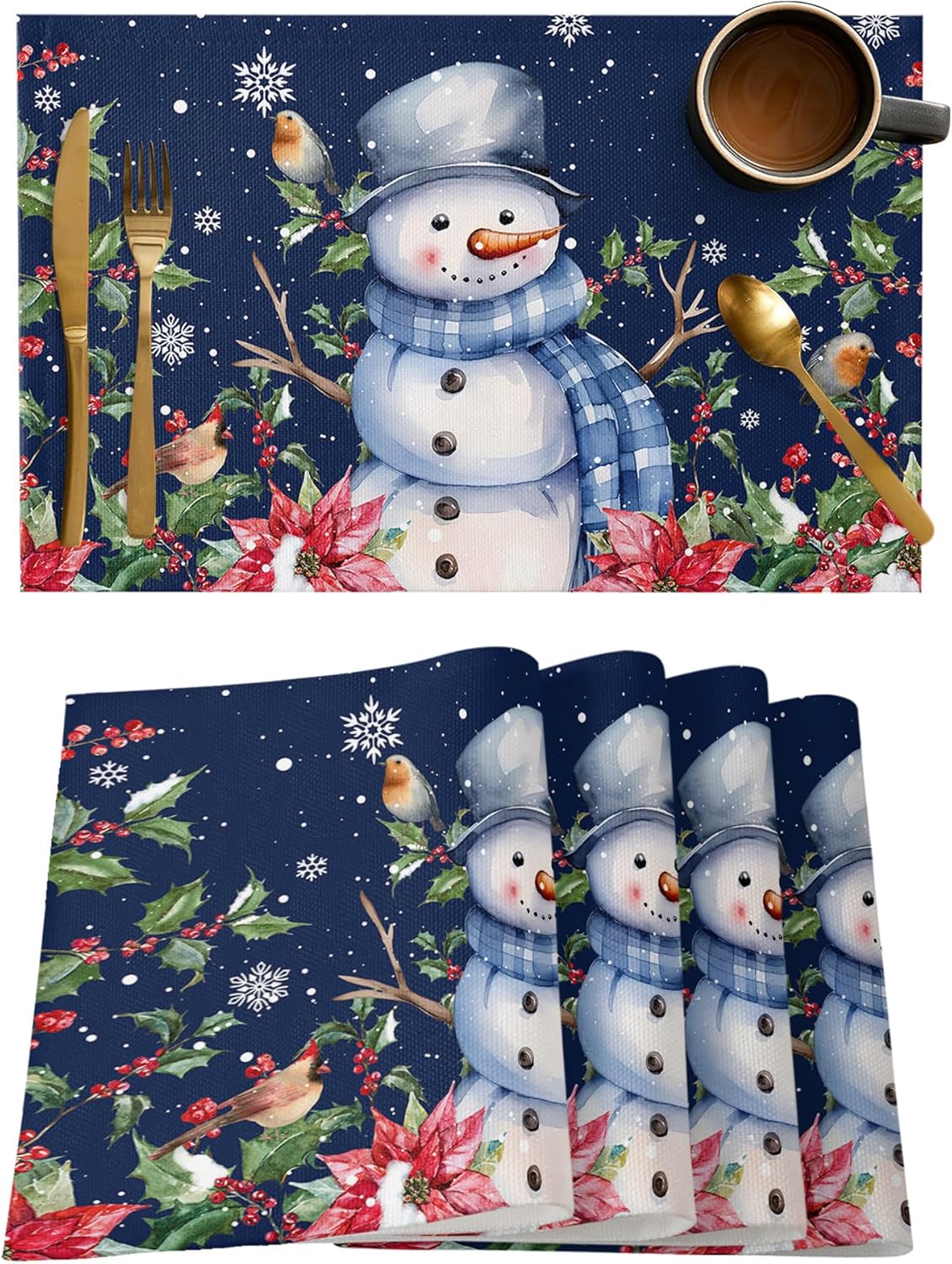 Washable Kitchen Placemats Set of 6, Navy Blue Snowman Christmas Table Mats for Dining Table Party Decorations, Xmas Poinsettia Berry Snowflake Non-Slip Heat-Insulation Place Mat Sets