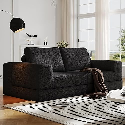 Cloud Modular Sectional Sofa, DIY Combination Modular Couch for Living Room, Unique Knitted Fabric Love Seat Couches with 2 Pillows, 2 Seater Comfy Sectional Couch with No Assembly (Black)