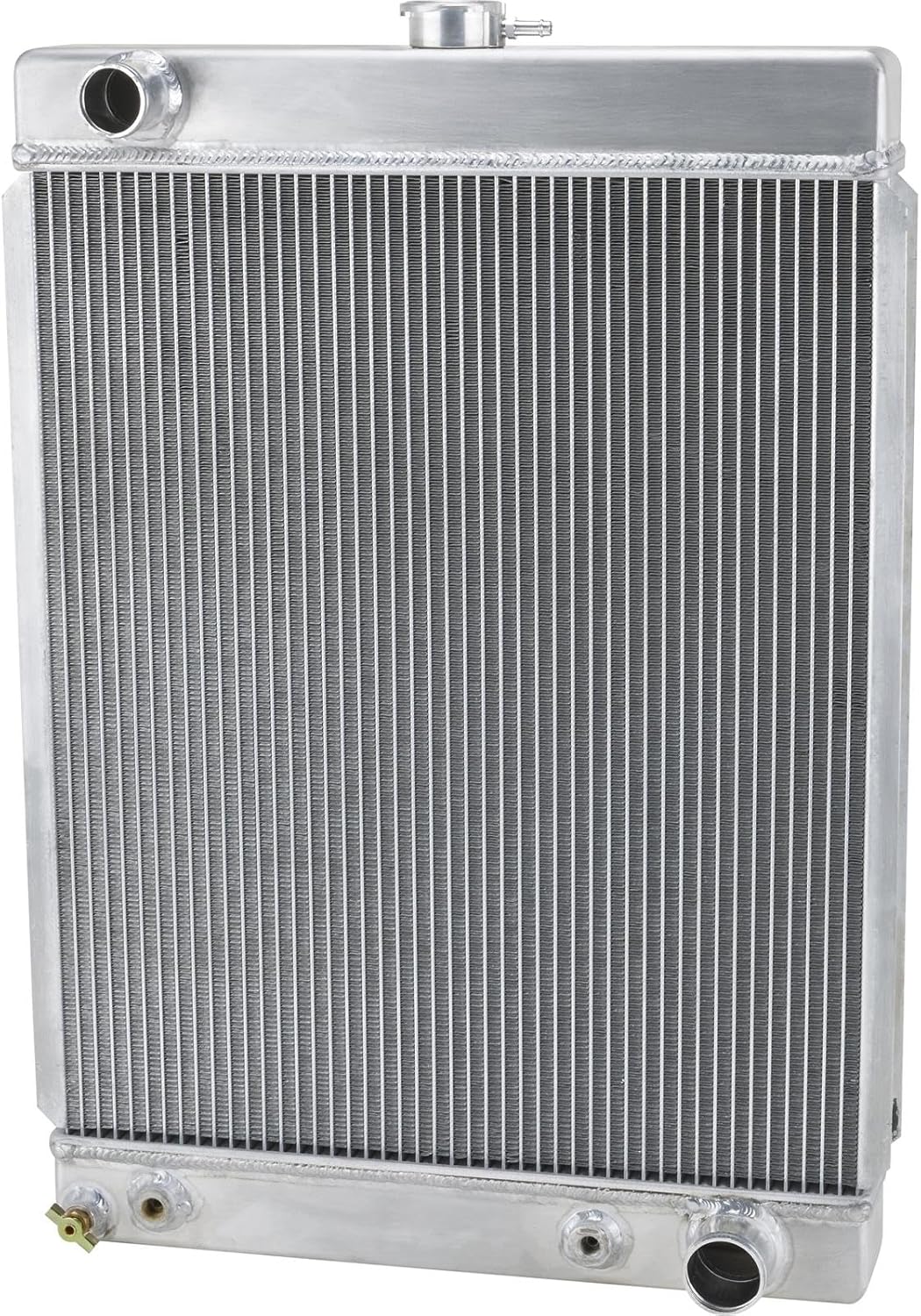 Speedway Motors 27 Inch Tall, Passenger Side Outlet Heavy-Duty Universal Automotive Cooling Radiator with Built-In Transmission Cooler, Centered Filler Neck, Downflow Aluminum Core