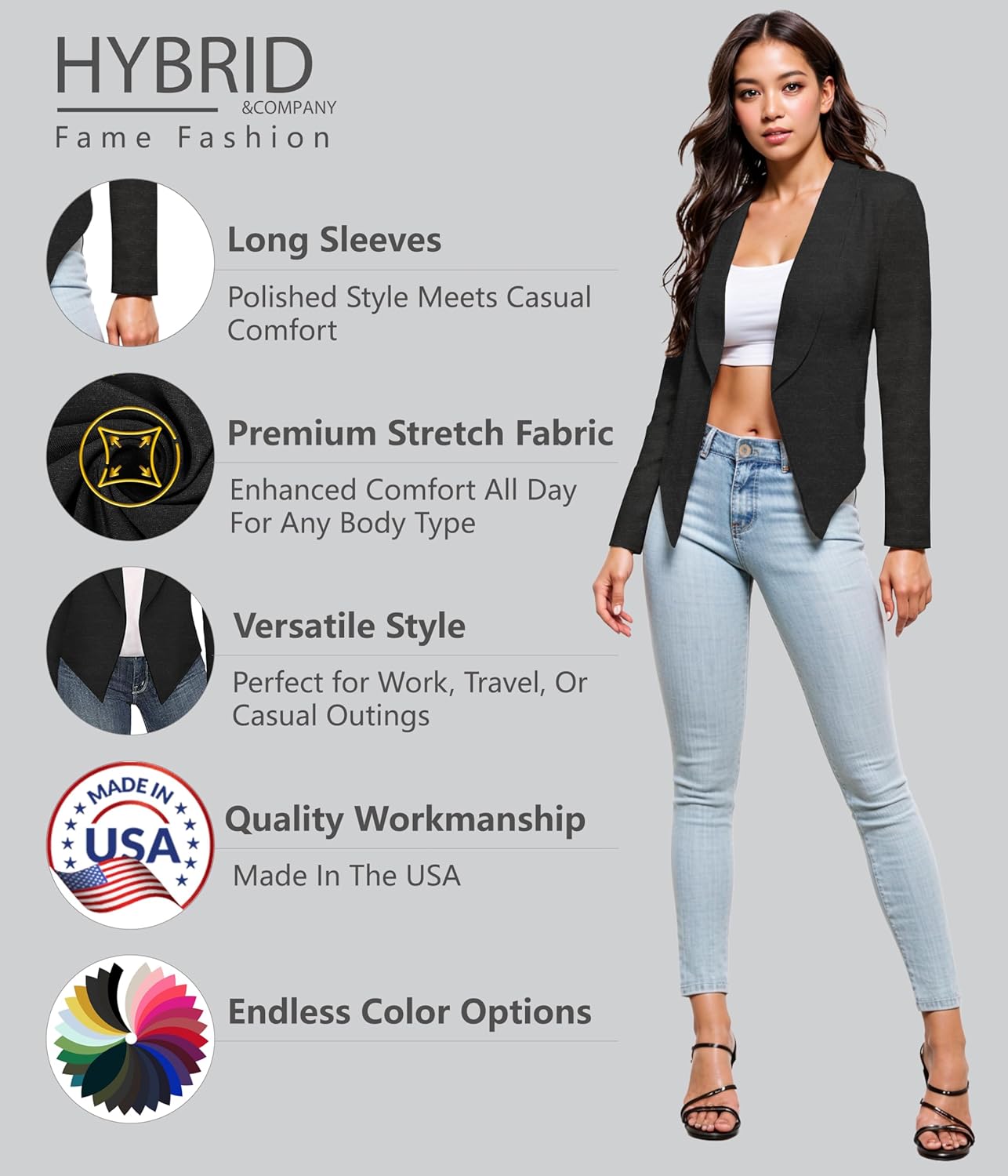 Hybrid & Company Womens Casual Work Office Blazer Open Front Heavy Ponti Shawl Collar Long Sleeve Jacket - Image 2