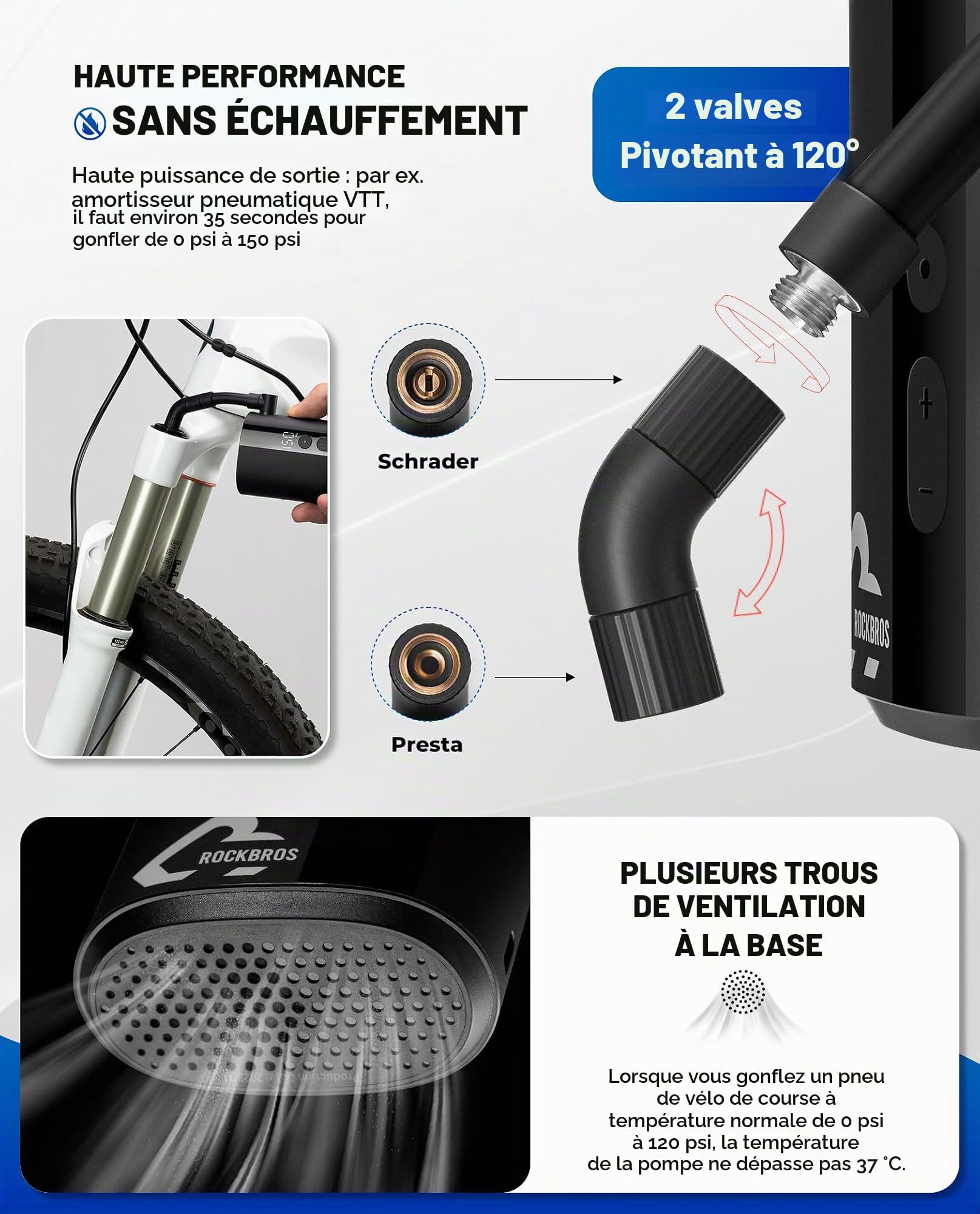 ROCKBROS Pompe à Vélo Électrique 3-150PSI Mini Pompe à Air Pneu Rechargeable 5000mAh avec Écran LED Capteur de Pression Portable Valve Presta Schrader USB Type-C pour Vélo Route Voiture Moto VTT