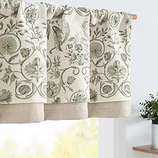 jinchan Linen Valance Kitchen Curtain for Windows Double Layer 16 Inch for Living Room Bedroom Window Treatment Light Filtering Vintage Rustic Farmhouse Cottagecore Rod Pocket 1 Panel Green on Beige