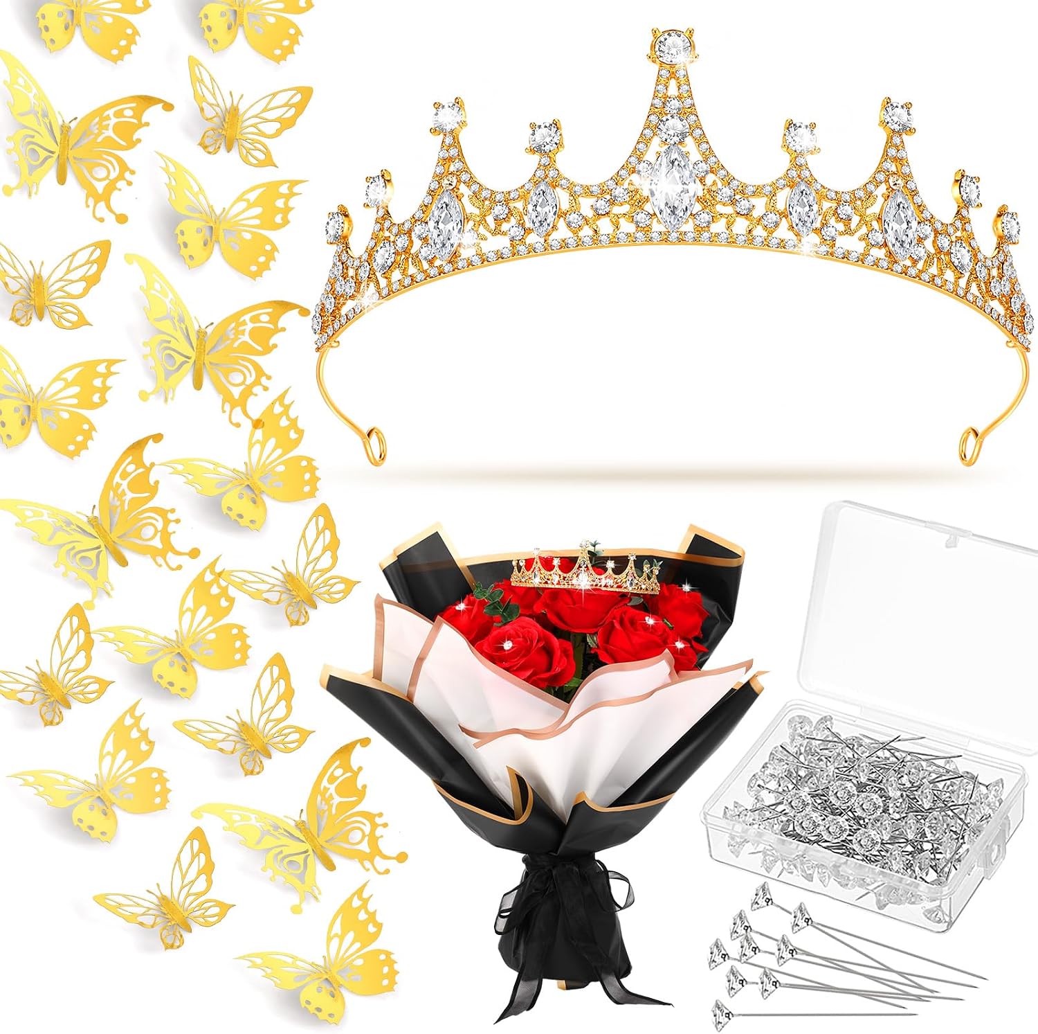 113 Pcs Flower Bouquet Accessories Include 5.5 x 2 Inch Headband Princess Elegant Crown for Women Bouquet Pins and 3D Butterflies Decor for Flower Party Arrangements Wedding(Gold)