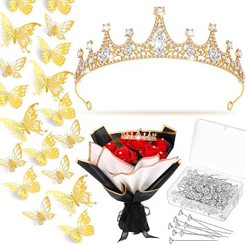113 Pcs Flower Bouquet Accessories Include 5.5 x 2 Inch Headband Princess Elegant Crown for Women Bouquet Pins and 3D Butterflies Decor for Flower Party Arrangements WeddingGold