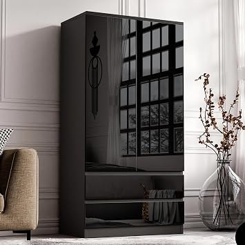 Blisswood 2 Door Wardrobe with 2 Drawers & Hanging Rail   High Gloss Black Wooden Wardrobe | Modern Double Clothes Storage Cupboard Unit for Bedroom Furniture
