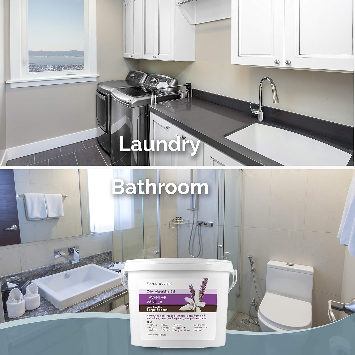 SMELLS BEGONE 1-Gallon Gel Odor Eliminator – High-Capacity, Long-Lasting Absorber for Large Basements, Garages, Workshops & Commercial Areas – Remove Tough Odors with Essential Oils (Lavender Vanilla)