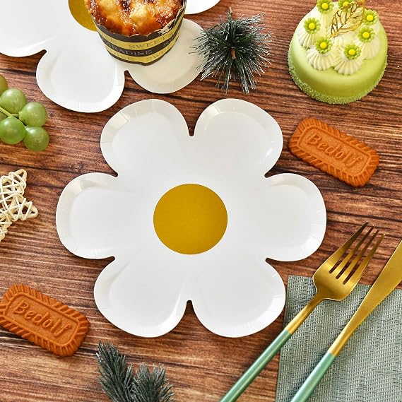 GGBOY 40Pcs Daisy Plates Flower Paper Plates, Daisy Paper Plates Gold Foil Party Flower Plates, Groovy Plates Spring Daisy Party Paper Plates Cute Flower Shaped Paper Plates Daisy Party Supplies
