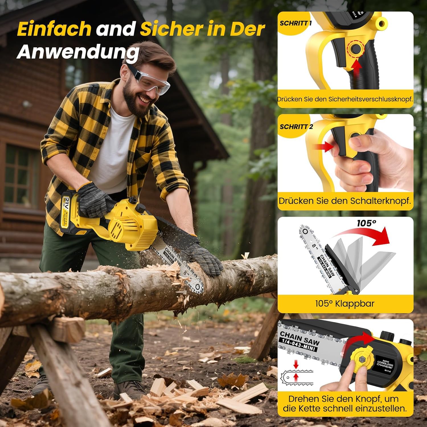 Mini Kettensäge mit Akku 8000mAh, 8-Zoll & 6-Zoll Kettensäge mit Auto-Oil