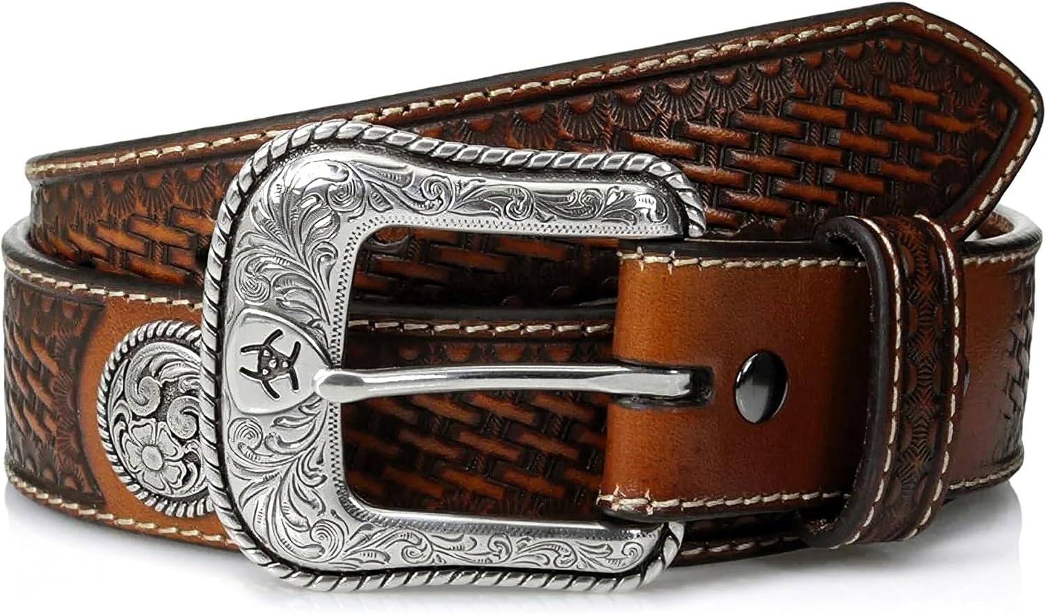 ARIAT Men's Basketweave-Stamped Leather Western Belt with Silver Conchos