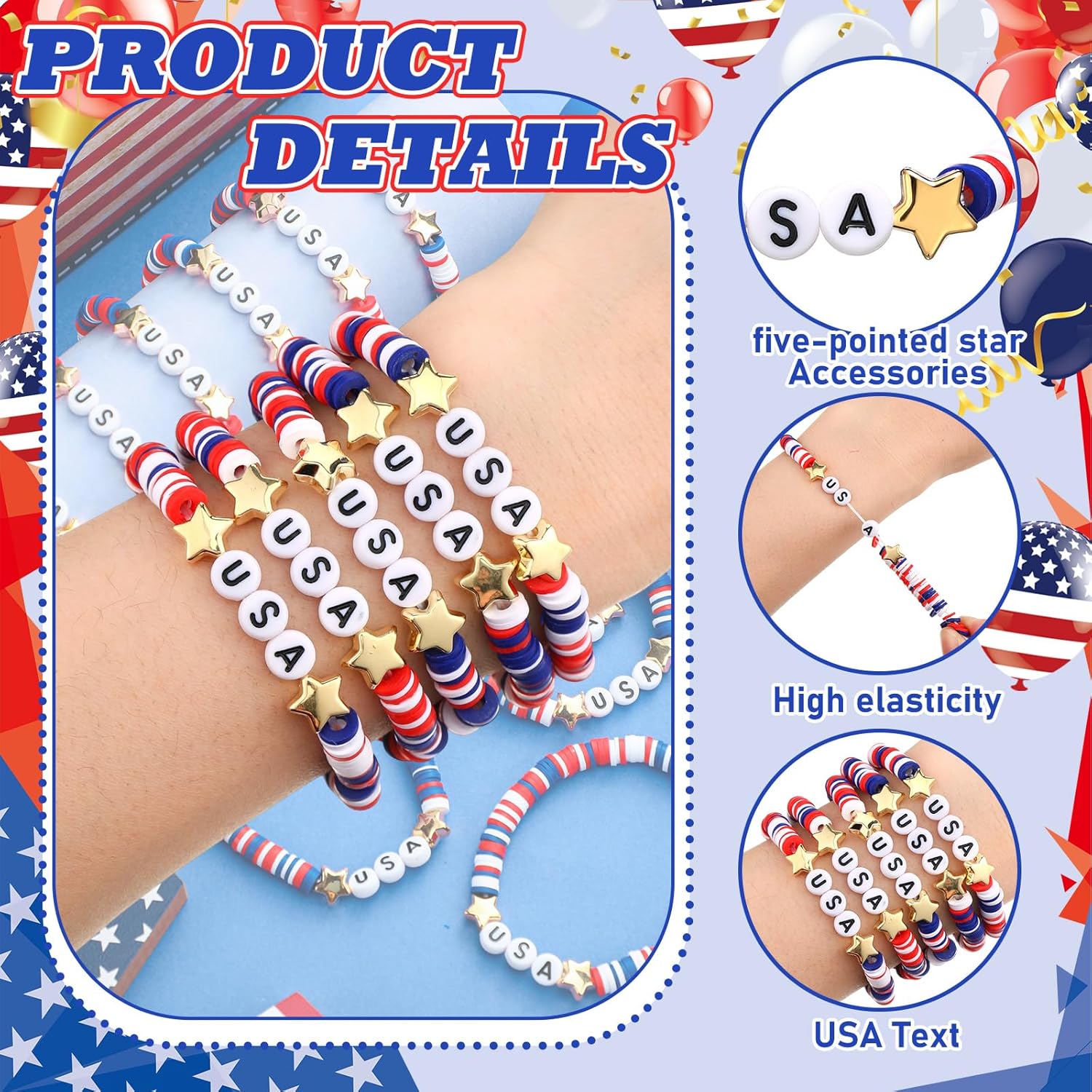 Huquary USA Bracelets Bulk 4th of July Accessories Red White and Blue Polymer Clay Beaded Stretch Bracelets for Women USA Jewelry Independence Day 4th of July Patriotic Party Favors Gifts
