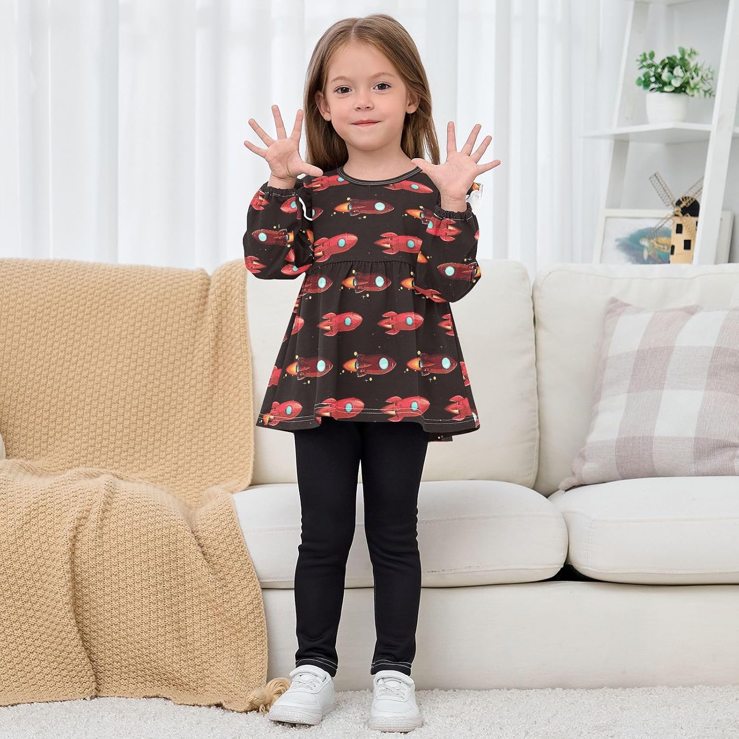 visesunny Toddler Clothes for Girls Star Rocket Launch Long Sleeve Fall Shirts Cotton Top with Ruffle Collar