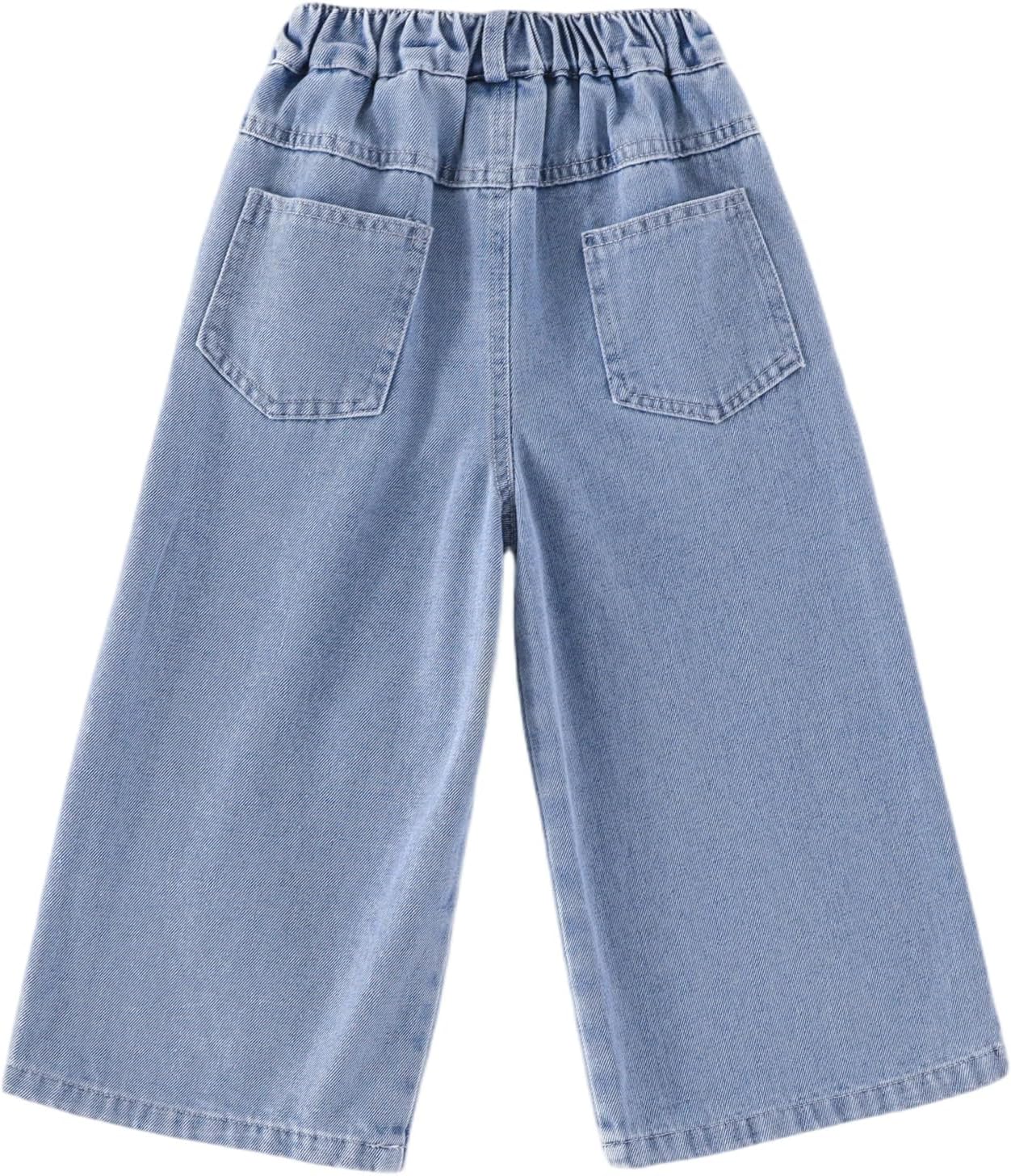 Girls Wide Leg Jeans Patterned Embroidered Elastic Waist Pants 3-12 Years