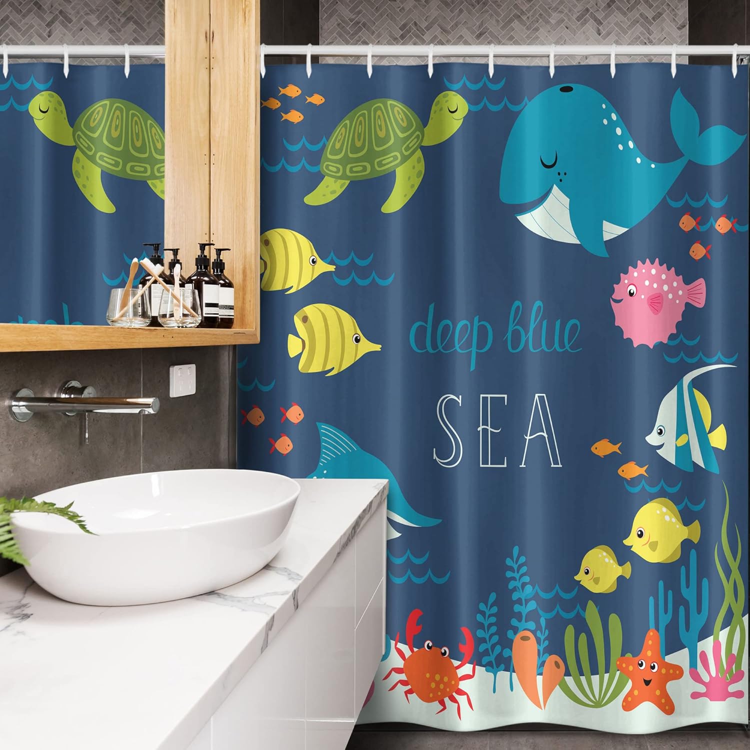 Ambesonne Cartoon Stall Shower Curtain, Underwater Graphic Algaes Coral Reefs Turtles Fishes The Life Aquatic, Fabric Bathroom Decor Set with Hooks, 54" W x 78" L, Indigo Fern Green Sky Blue