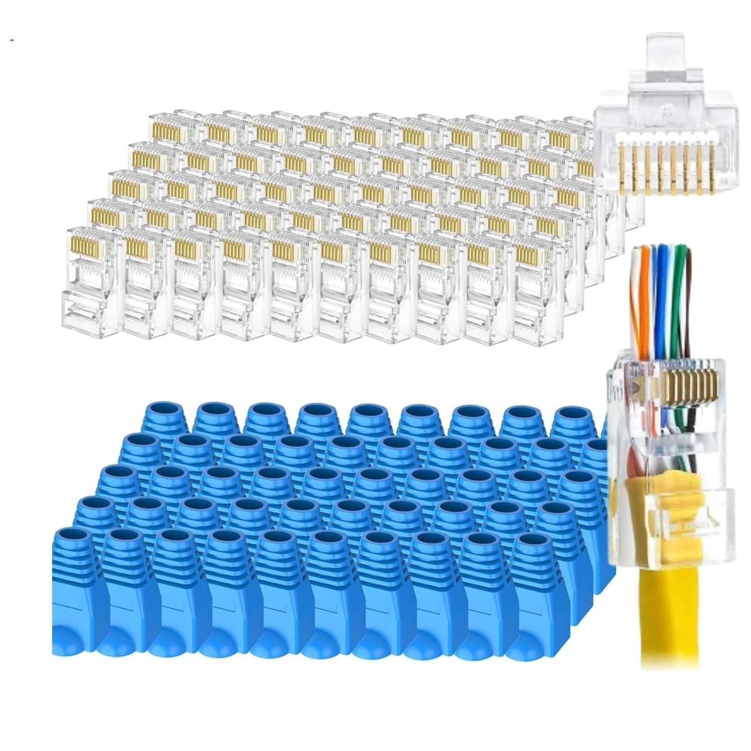 Cat6 RJ45 Pass Through Connectors & Strain Relief Boots – 8P8C Gold Plated Ethernet Plugs for Solid or Stranded LAN Cables, High-Speed Gigabit Network Crimp Ends (50+50 Pack)