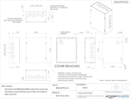 Miniatura 5 de BUD Industries JB-3958-KO Acero NEMA 1 Caja de conexiones de chapa metálica 10 L x 8 W x 4 H, gris