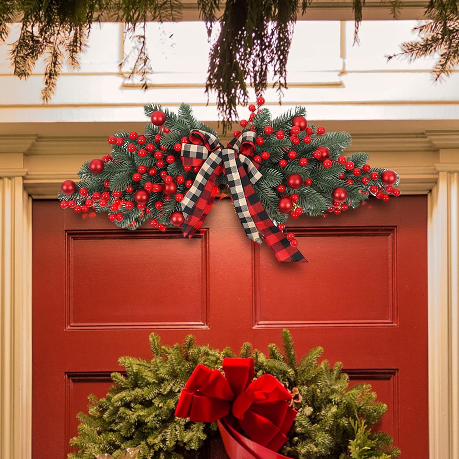 Christmas Swag Artificial Red Berry PE Teardrop Swag with Bowknot Hanging Decorative Ornament for Door Wall Window Holiday Garland Christmas Decorations