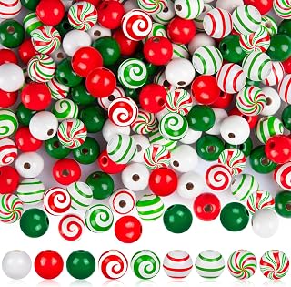 270 Pcs Christmas Wooden Beads Candy Cane Wood Beads Xmas Lollipop Candy Swirl Bead 16 mm Round Stripes Craft Bead for DIY Crafts Decor (Candy Style)