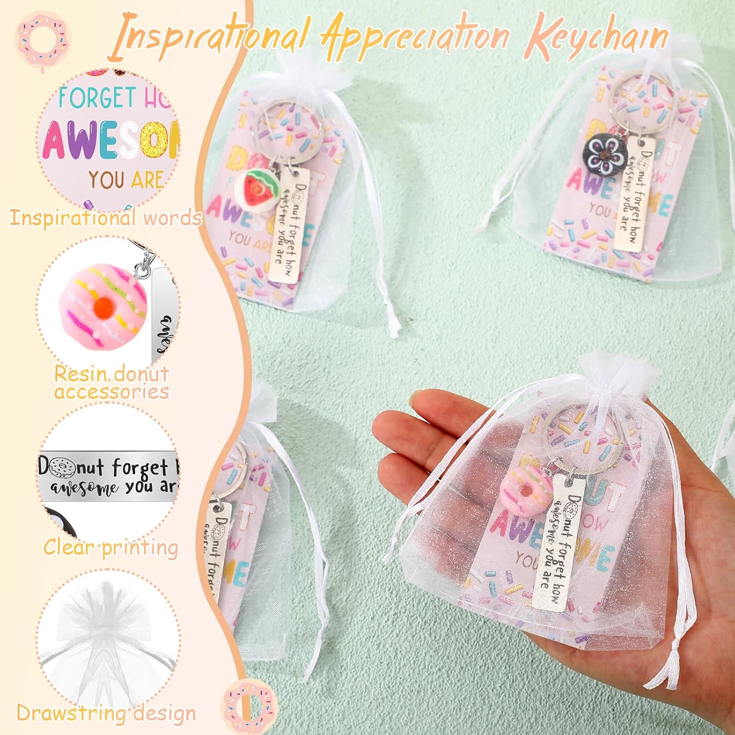 20 Sets Glow in The Dark Donut Keychains Bulk Emotional Appreciation Positive Support Gift for Employee Coworker Teacher Volunteer Team - Image 3