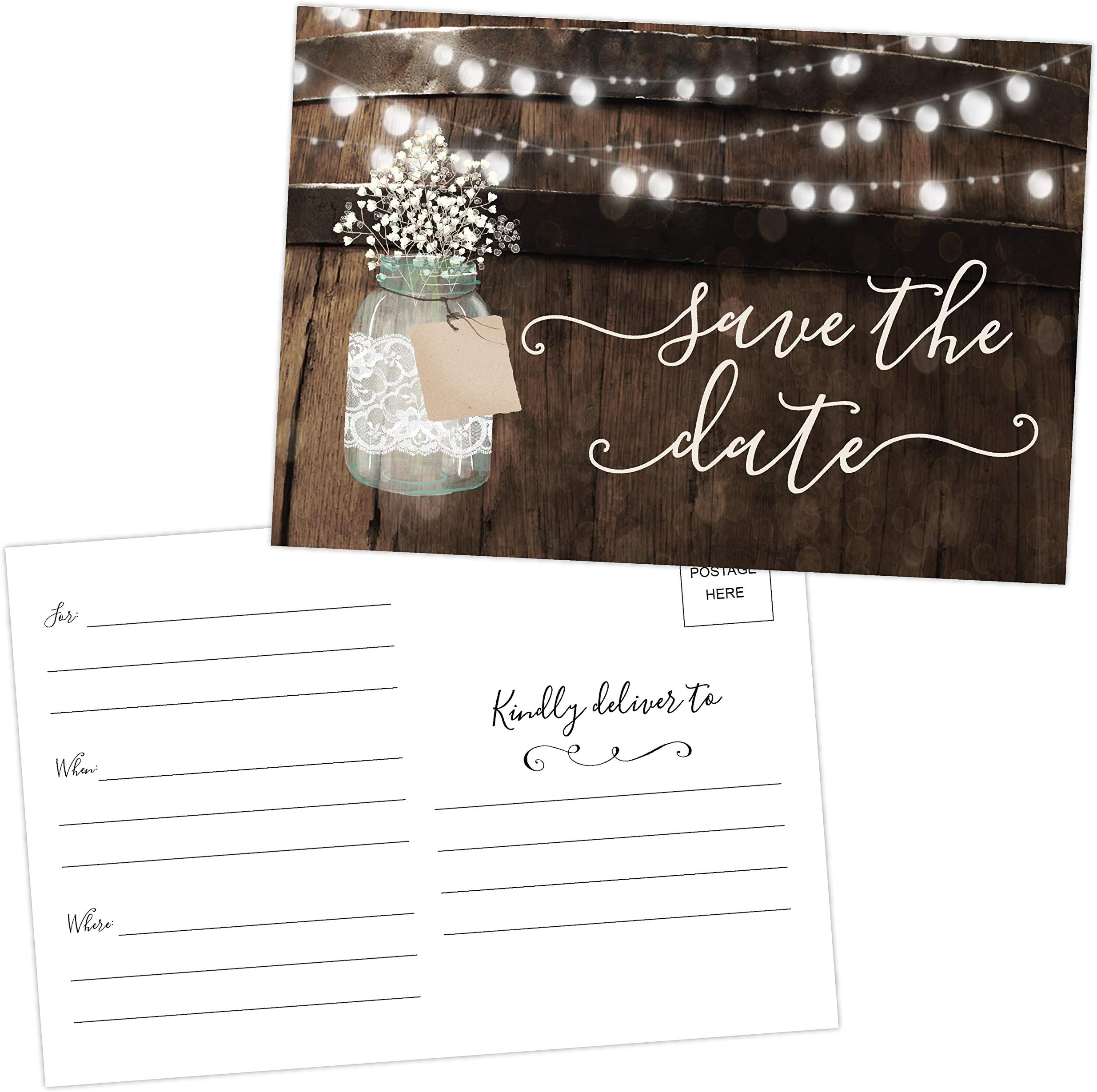 Your Main Event Prints 50 Rustic Mason Jar Save The Date Cards for Wedding, Engagement, Anniversary, Baby Shower, Birthday Party, Wood Save The Dates Postcard Invitations