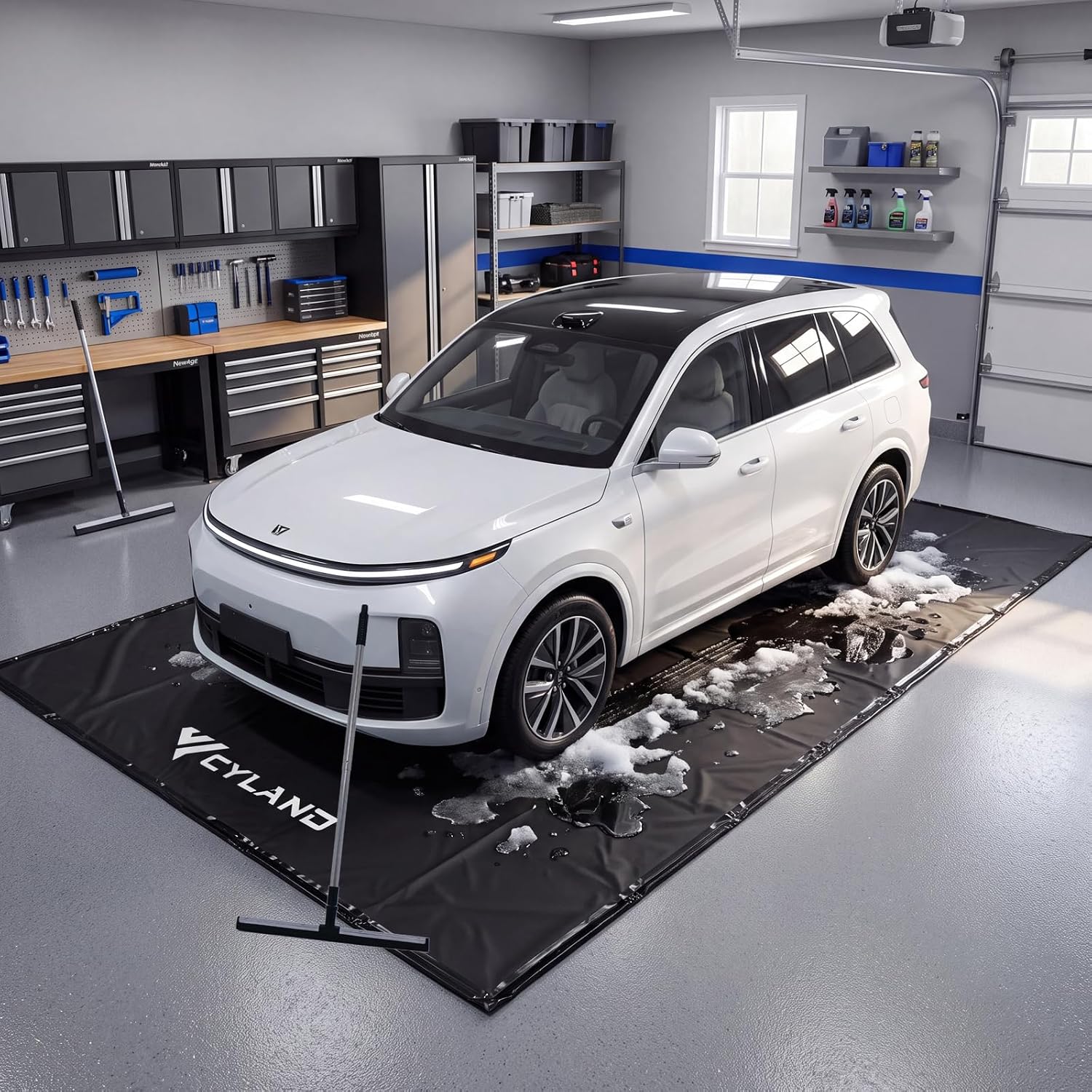 Garage Floor Mat 7'9" x 18' Heavy-Duty Waterproof, Non-Slip PVC Parking Mat, All-Weather Car Containment Mat for Oil, Snow & Dirt Floor Protection Includes Squeegee for Easy Cleanup