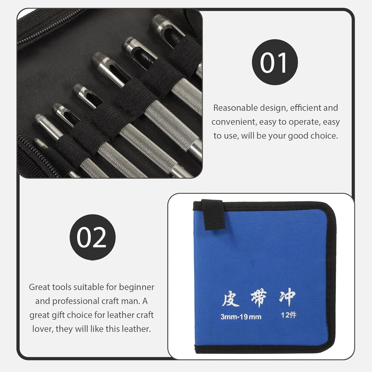 12pcs Leather Hole Punch Set, Belt Hole Cutter Tool with 3-19mm Sizes, DIY Leather Craft Punching Tools for Belt, Sewing, and Stamping Applications