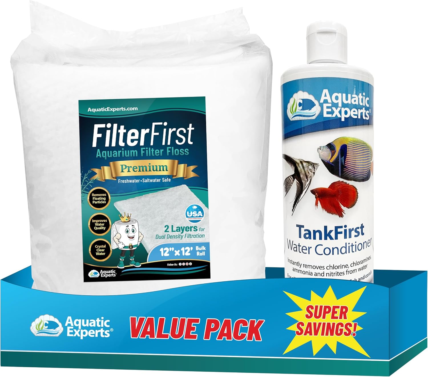 12" x 12 Feet FilterFirst Aquarium Filter Pad and 500 ml TankFirst Aquarium Water Conditioner Value Pack