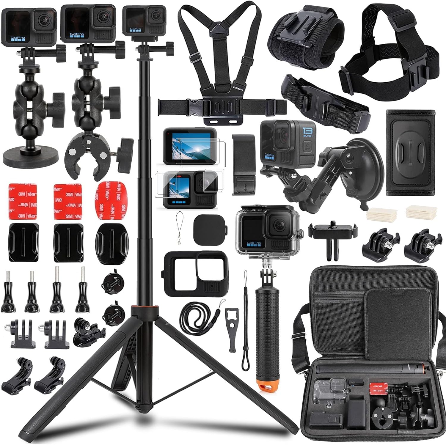 PellKing Accessories Kit for GoPro Hero 13,Carrying Case with Belt 135cm Selfie Stick Tripod Waterproof Housing Suction Cup Magnetic Handlebar Mount Qucik Release Clip 4 in 1 Body Mount and Other