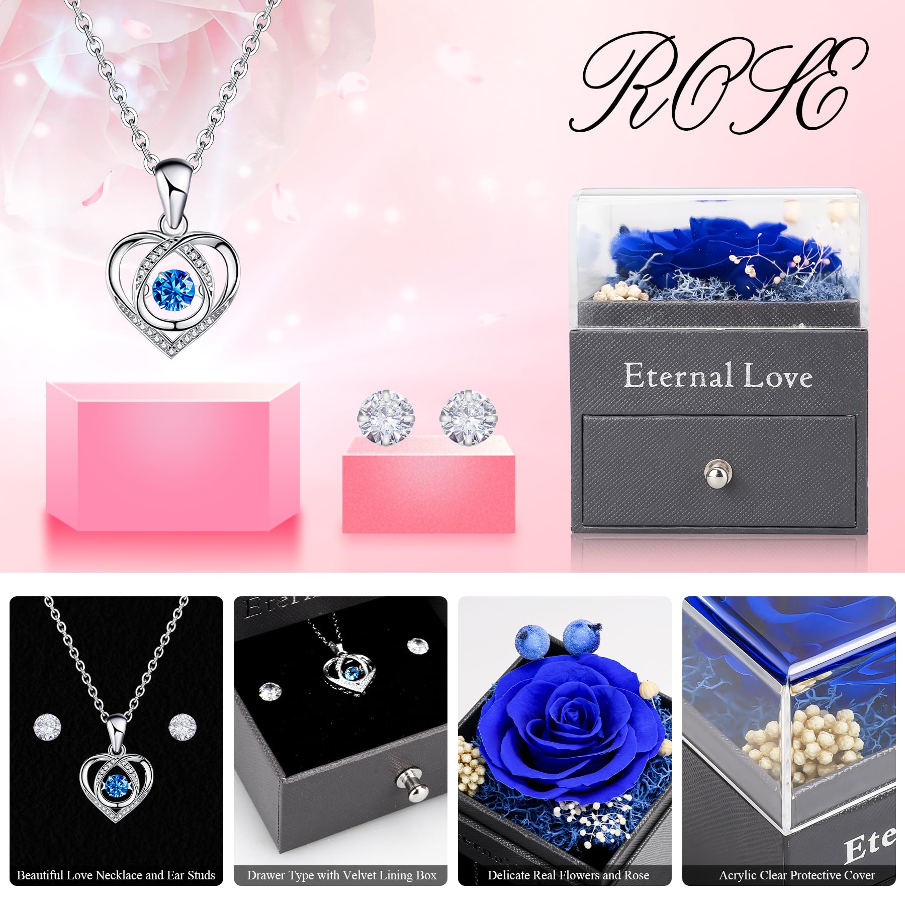 CSYY Rosa Eterna, Festa della Mamma Regalo per Lei con Collana Cuore e Orecchini a Perno San Valentino Festa Della Anniversario Natale Compleanno Sorella Moglie Blu