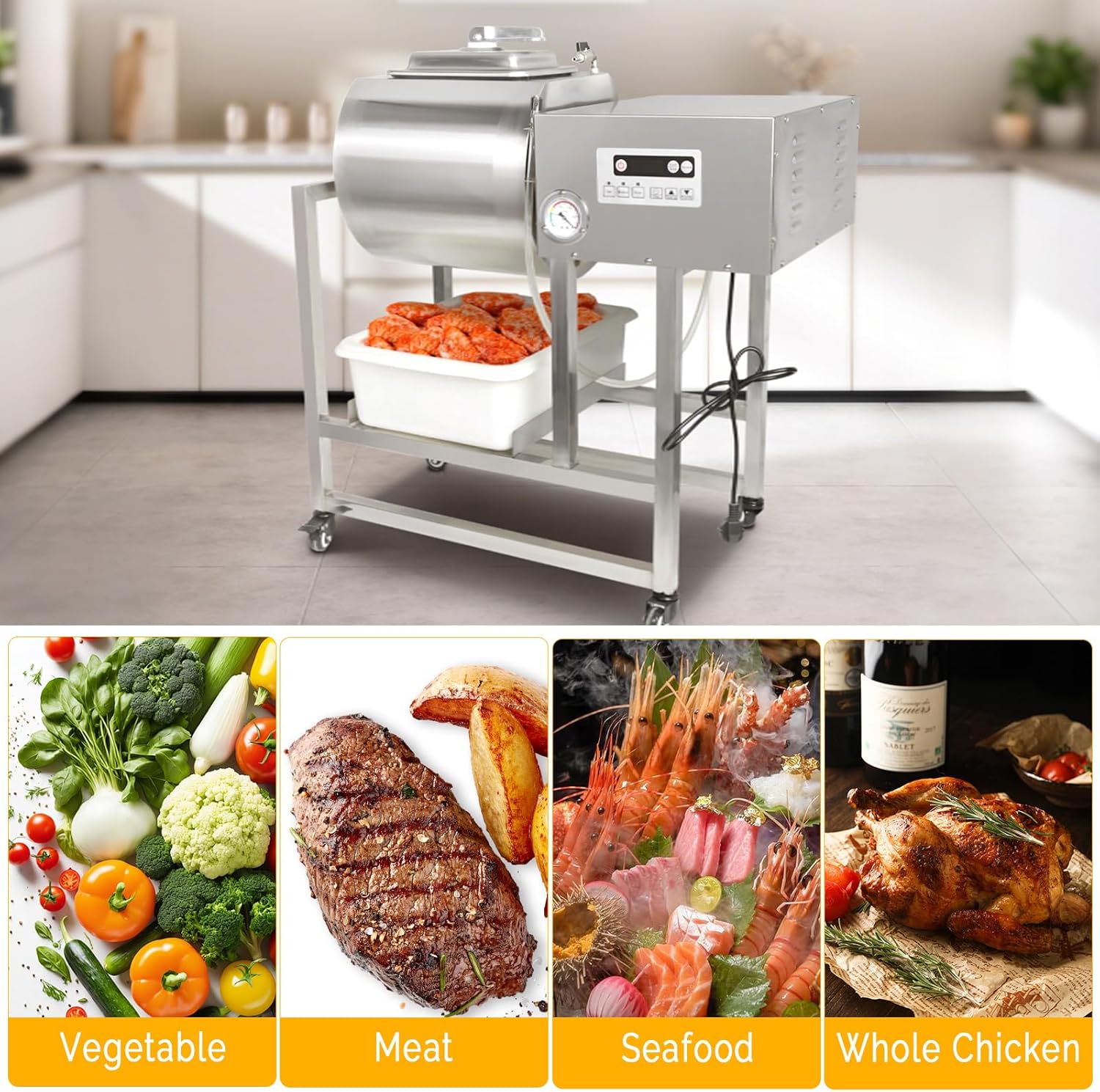 Commercial Vacuum Tumbler Marinator, 90-lb/45L Capacity, 3-Speed Bidirectional Meat Marinator with 1-99 Min Timer, 240W for Beef, Pork, Mutton & Vegetables