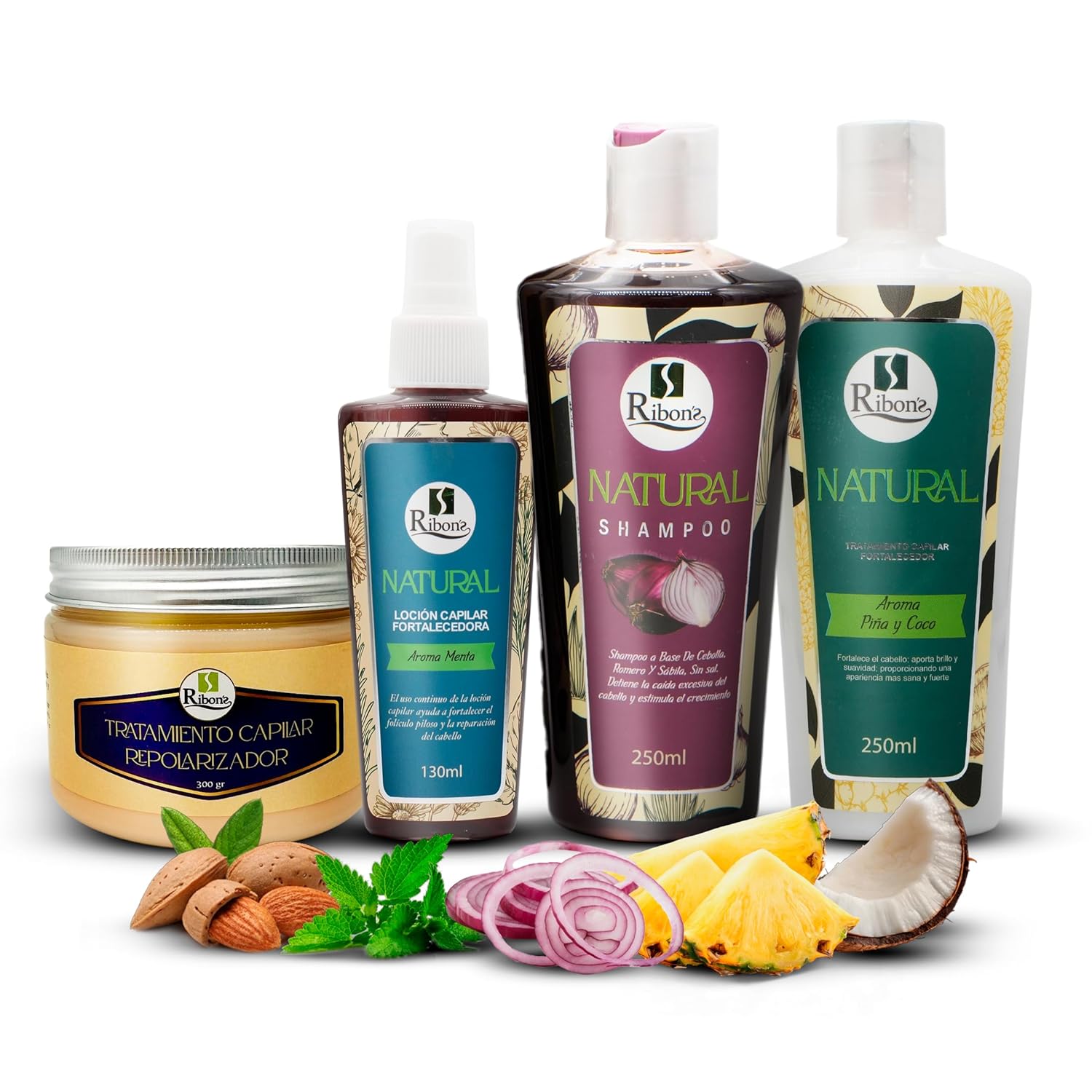 Ribon's Kit - Shampoo, Conditioner, Capilar Tonic, Repair Mask – Growth & Anti-Hair Loss Treatment – 4 Piece Kit – 250ml/130ml/300g