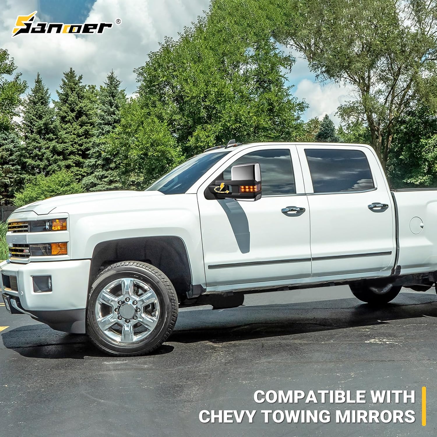 Sanooer Power Folding Chrome Towing Mirrors Compatible with 2014-2018 Chevy Silverado GMC Sierra 1500 2500HD 3500HD with Turn Signal Running Light Heated Mirror Pair Set