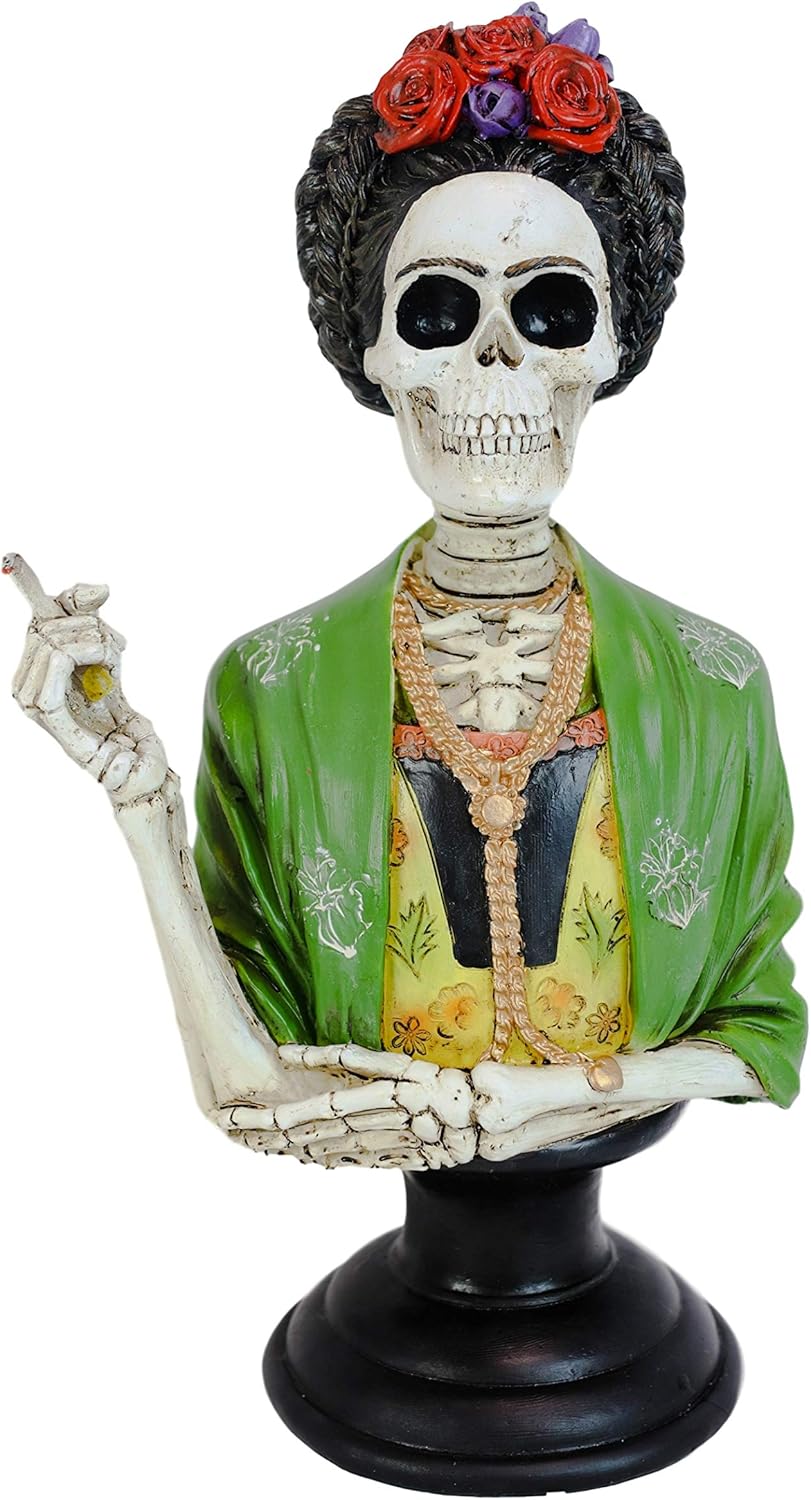 Ebros Mexican Dias De Los Muertos Smoking Lady Frieda Skeleton Portrait Style Bust Day of The Dead Statue 12"Tall Decorative Altar Bone Mother Painter Artist Designer Macabre Skulls Skeletons Figurine