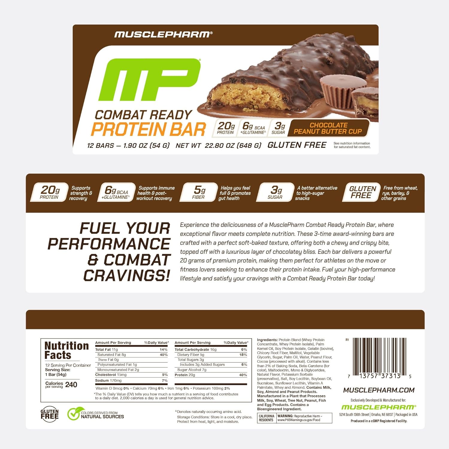 MusclePharm Combat Sport Bar, Chocolate Peanut Butter Cup, High Protein Bars, Combat Cravings, Fuel Performance & Meet Energy Demands, 20g Protein from Whey Protein, 5g Fiber, Gluten Free, 12 Bars