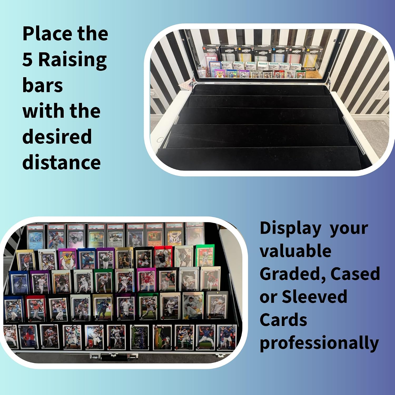 Professional Large Card Display Case (5 Card Riser Bars, Built-in Prop Rod and 80 Stickers) | 34 x 22 inches | Tabletop TradeShow Display Case for Sports Cards & Trading Cards | Aluminum Frame -Silver