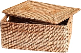 Cestino in rattan con coperchio, grande cestino quadrato con coperchio per riporre...