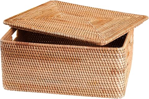 Cestino in rattan con coperchio, grande cestino quadrato con coperchio per riporre scatole in rattan (30 cm L x 20...