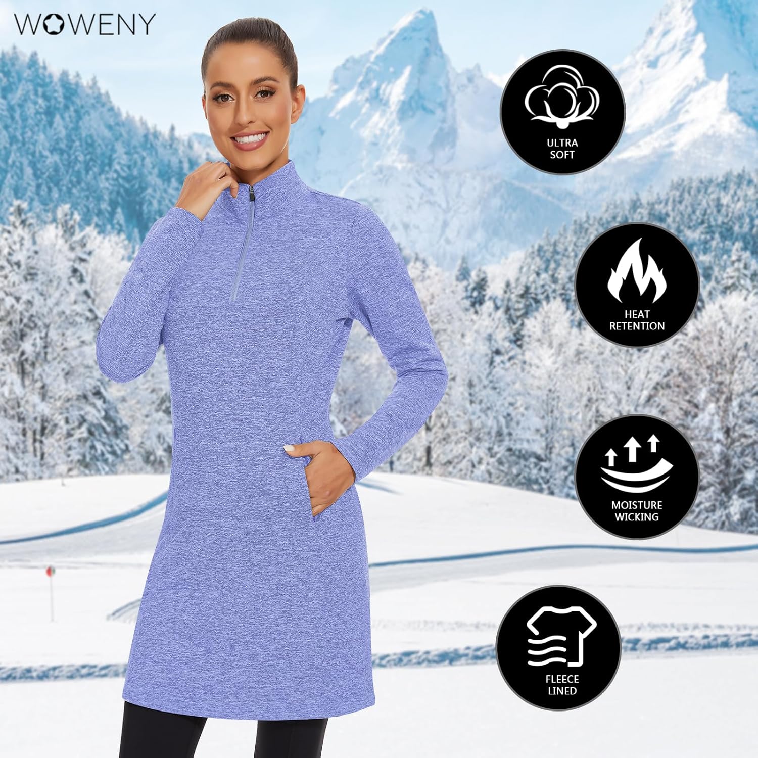 WOWENY Women's Fleece Dress Thermal Sweatshirt Tunic Dress Long Quarter Zip Pullover Polar Winter Dress with Pocket - Image 5