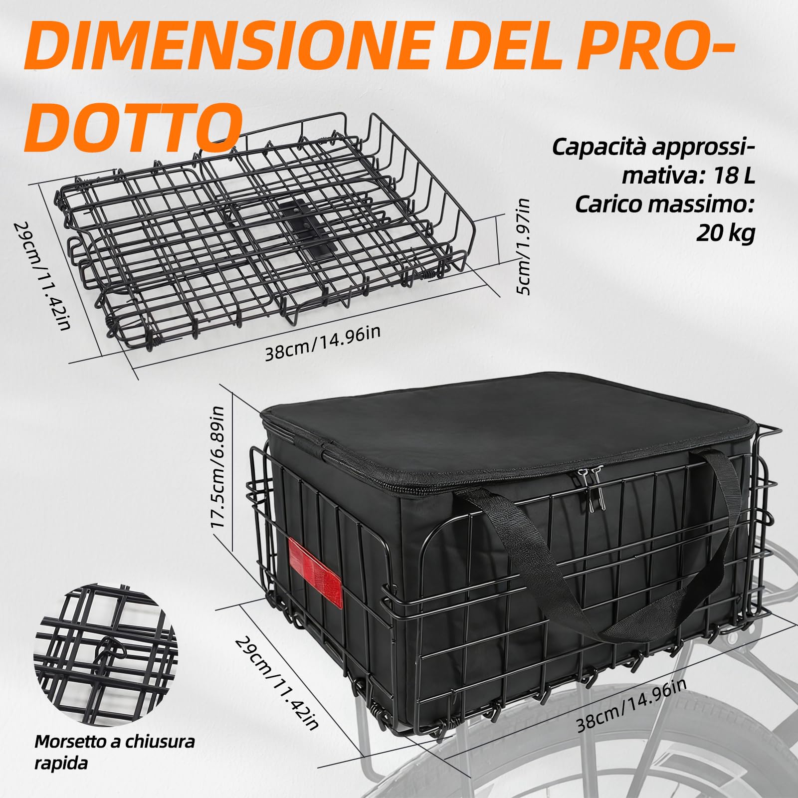 Cestino per Bicicletta. Cestino unisex per bicicletta, montaggio posteriore, rimovibile, grande capacità, adatto per e-bike, mountain bike, city bike e biciclette da tempo libero. (Montaggio